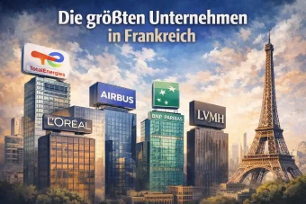 Neben dem Eiffelturm sind Gebäude mit den größten Unternehmen Frankreichs zu sehen.
