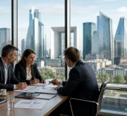 Im Hintergrund eines Meetings sieht man die Skyline der Gebäude mit den größten Unternehmen in Frankreich.