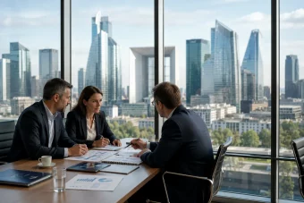 Im Hintergrund eines Meetings sieht man die Skyline der Gebäude mit den größten Unternehmen in Frankreich.